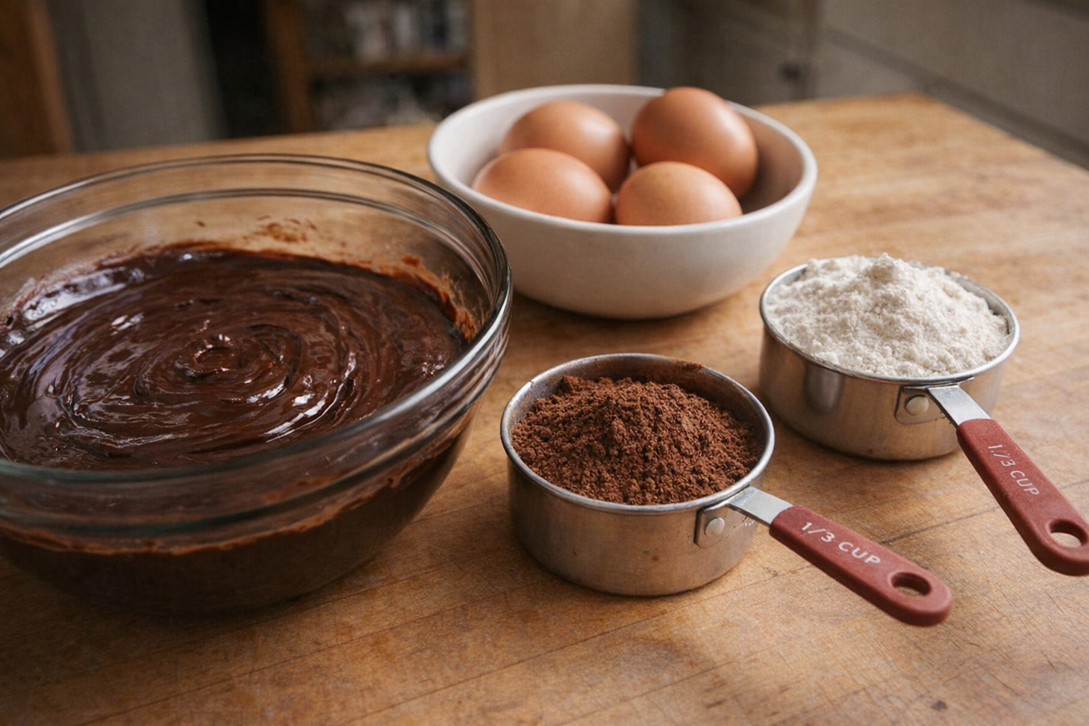 A close-up shot of measured ingredients for brownies: melted chocolate in a glass bowl, cocoa powder in a measuring cup, eggs in a bowl, and flour in another cup, arranged on a wooden countertop